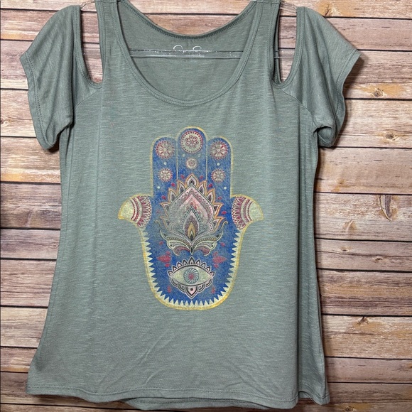 Olive Green Hamsa Hand Graphic Cold Shoulder Women Top - Picture 2 of 8